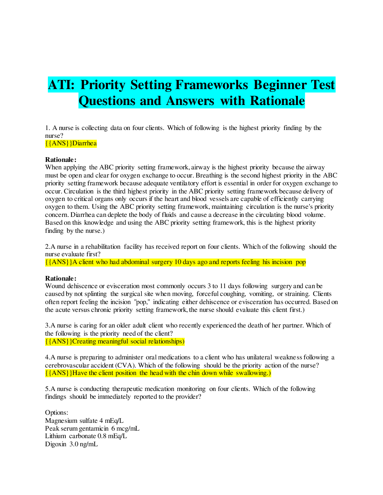 Preview of ATI: Priority Setting Frameworks Beginner Test Answered All Correctly